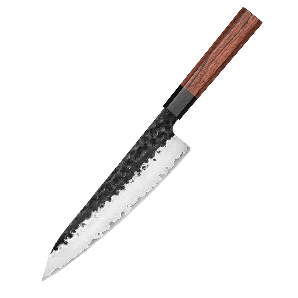 Tanuki Gyuto 210 mm japansk kokkekniv med kurouchi sortsmedet finish og tsuchime hammerslag