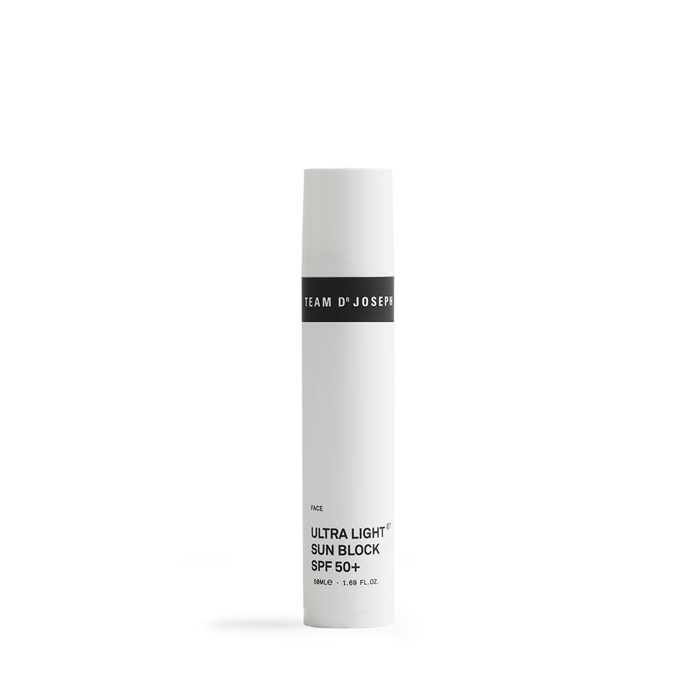 Team Dr. Joseph Ultra Light Sun Block SPF 50 plus solcreme, 50 ml hvid flaske