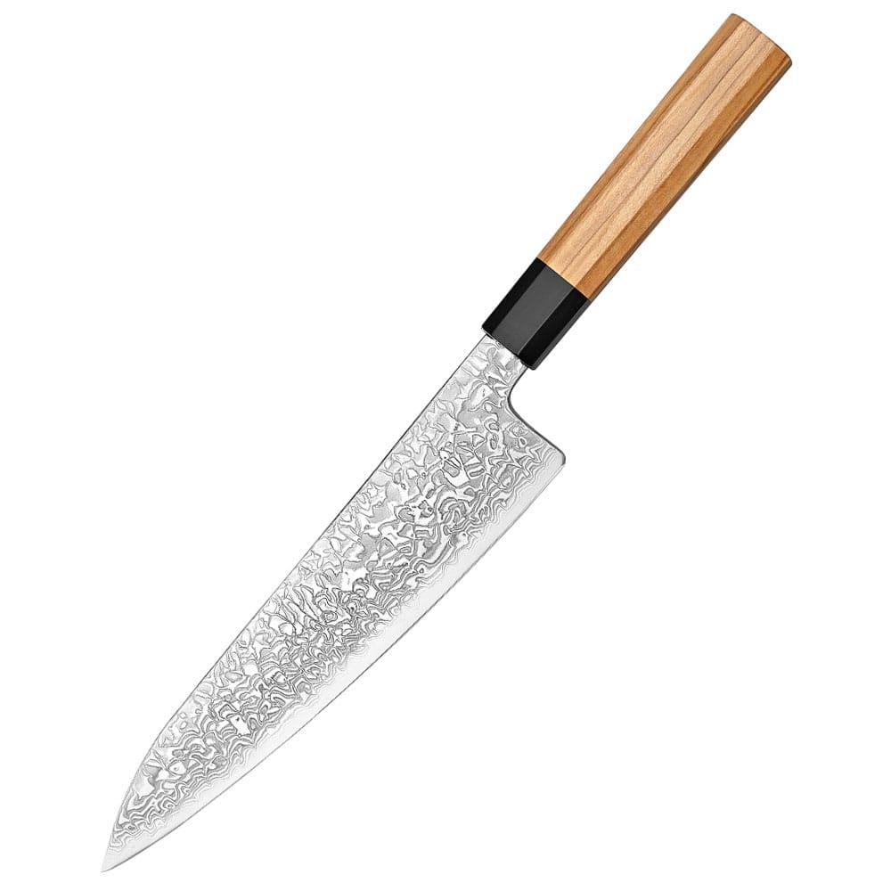 Yuki-onna Gyuto 210 mm japansk kokkekniv med 67-lag damaskusstål og oliventræ Wa-skæfte