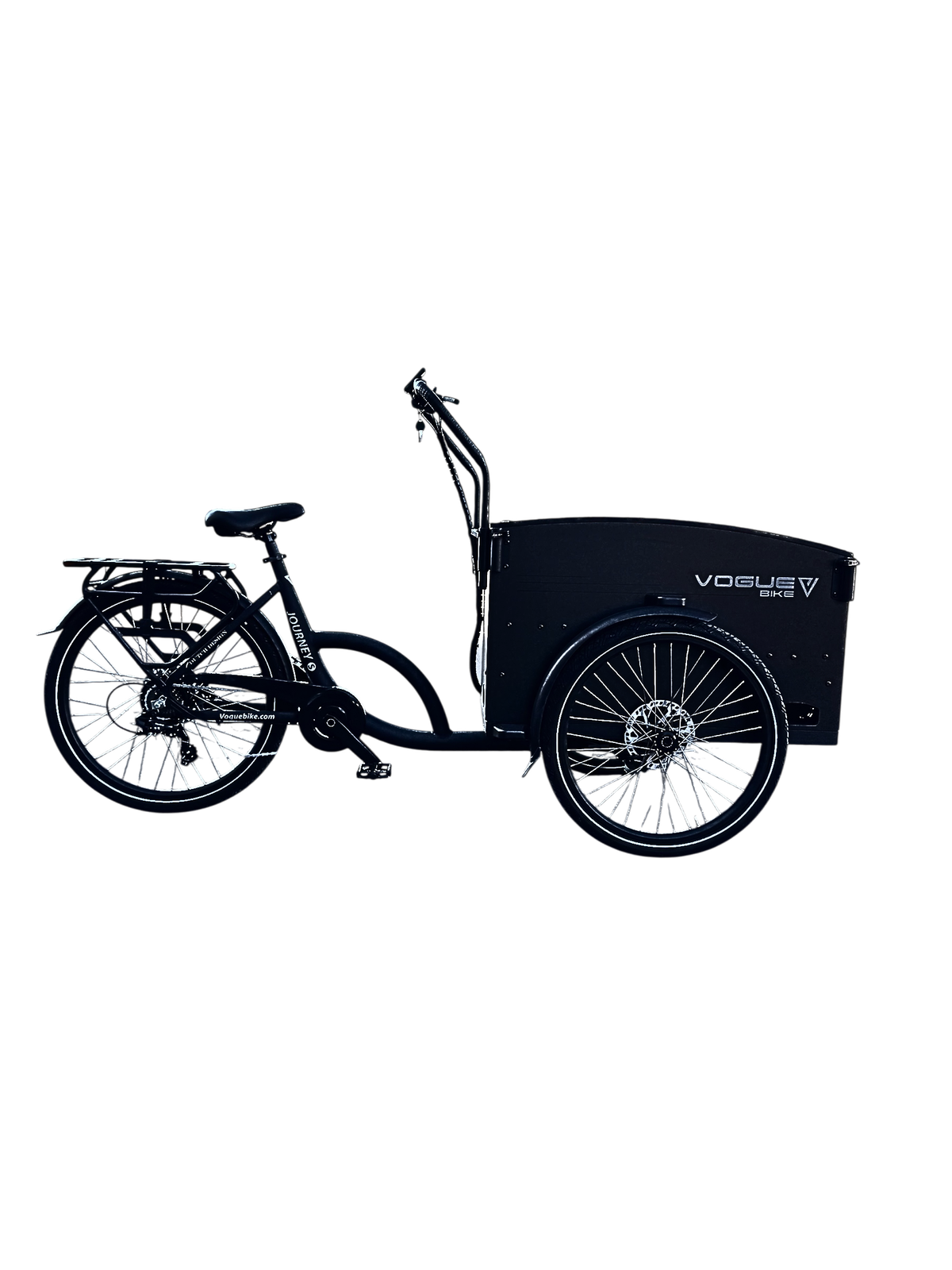 Vogue Journey-S el-ladcykel i sort med kaleche og stort lasteområde til børn