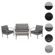 Grå polyrattan loungesæt 4 dele med mørkegrå hynder, 2 stole, 1 sofa og glasbord