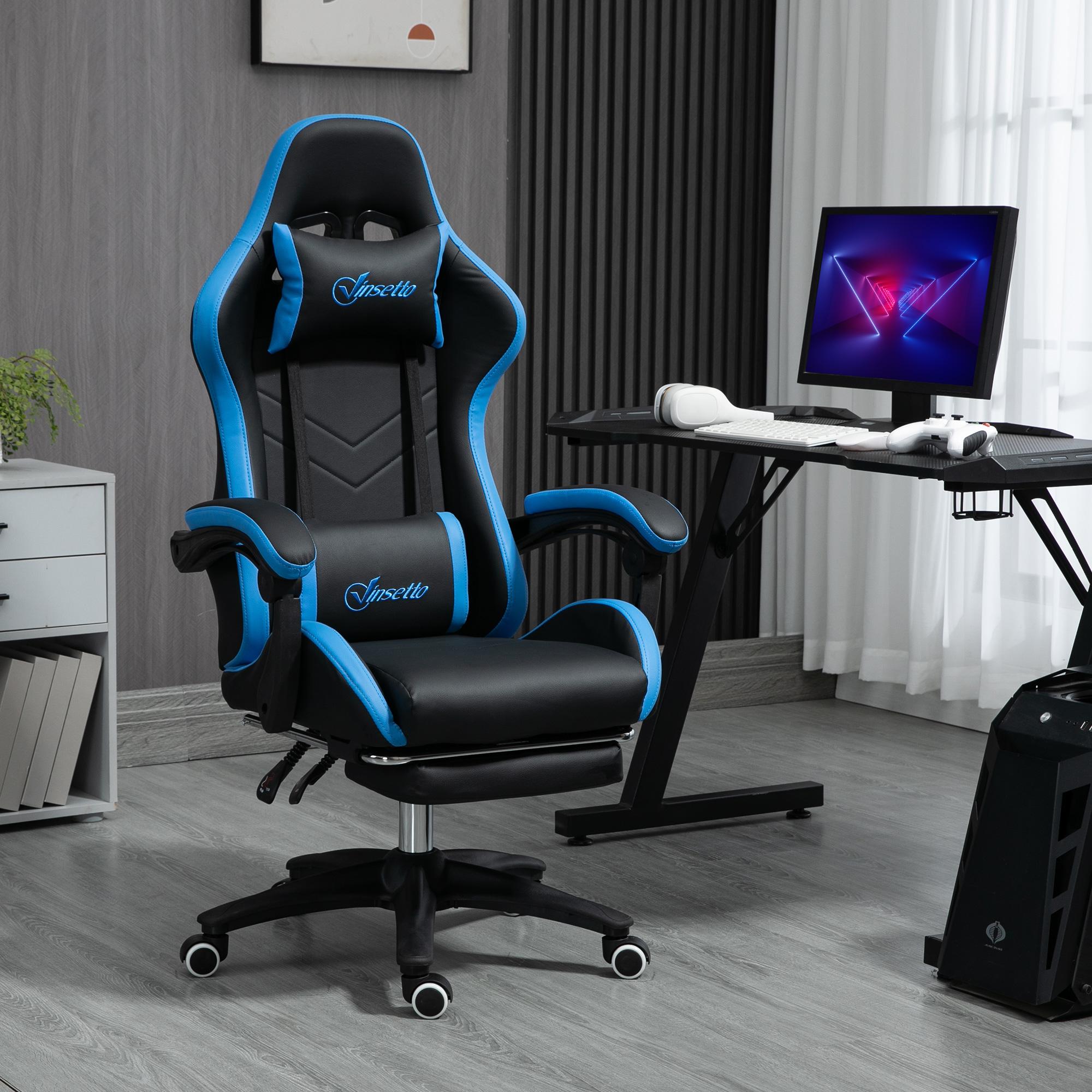 Gamingstol i blå og sort med lændehynde, nakkestøtte og justerbare armlæn