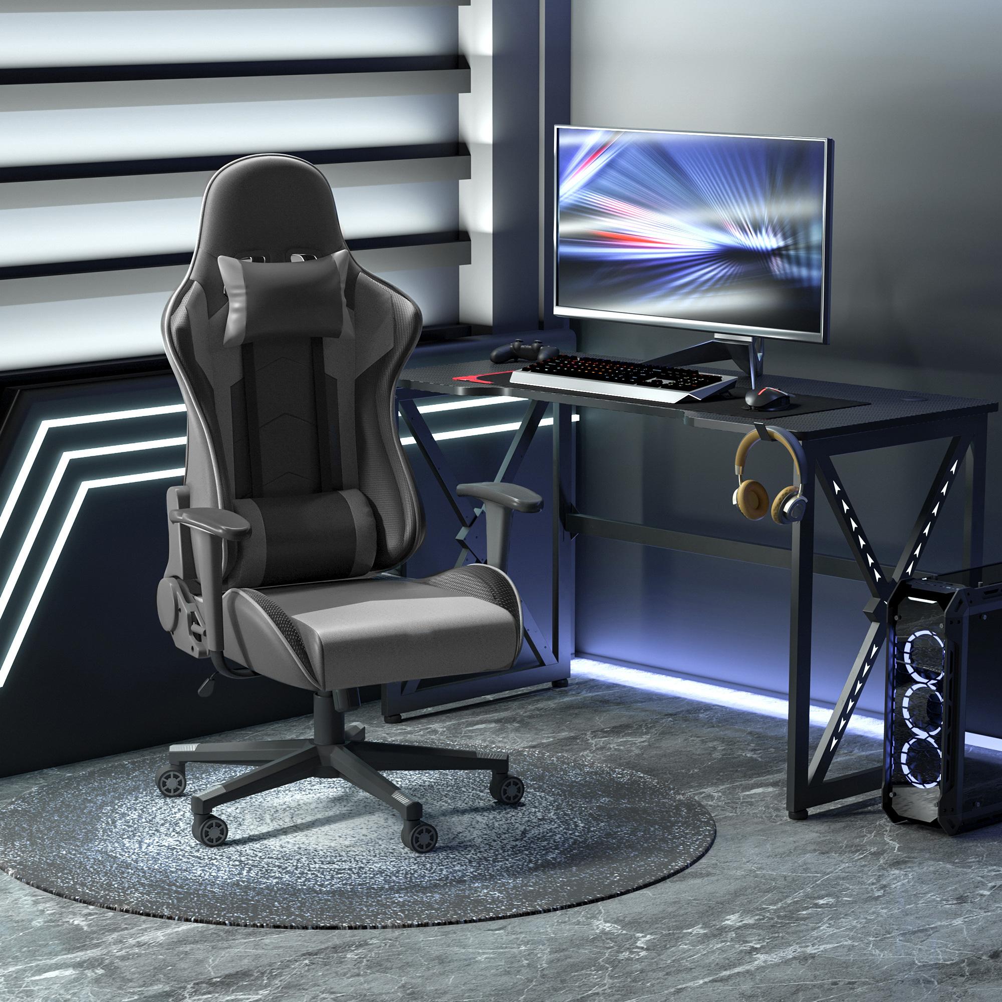 Sort ergonomisk gamingstol i PU-kunstlæder med aftagelig lændepude