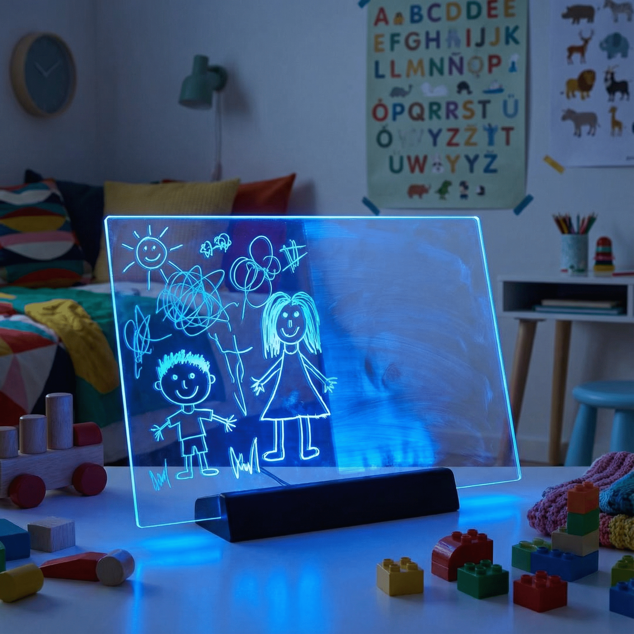PrismoBoard tegnetavle med LED-lys der lyser blåt i et mørkt børneværelse med en børnetegning på akrylpladen