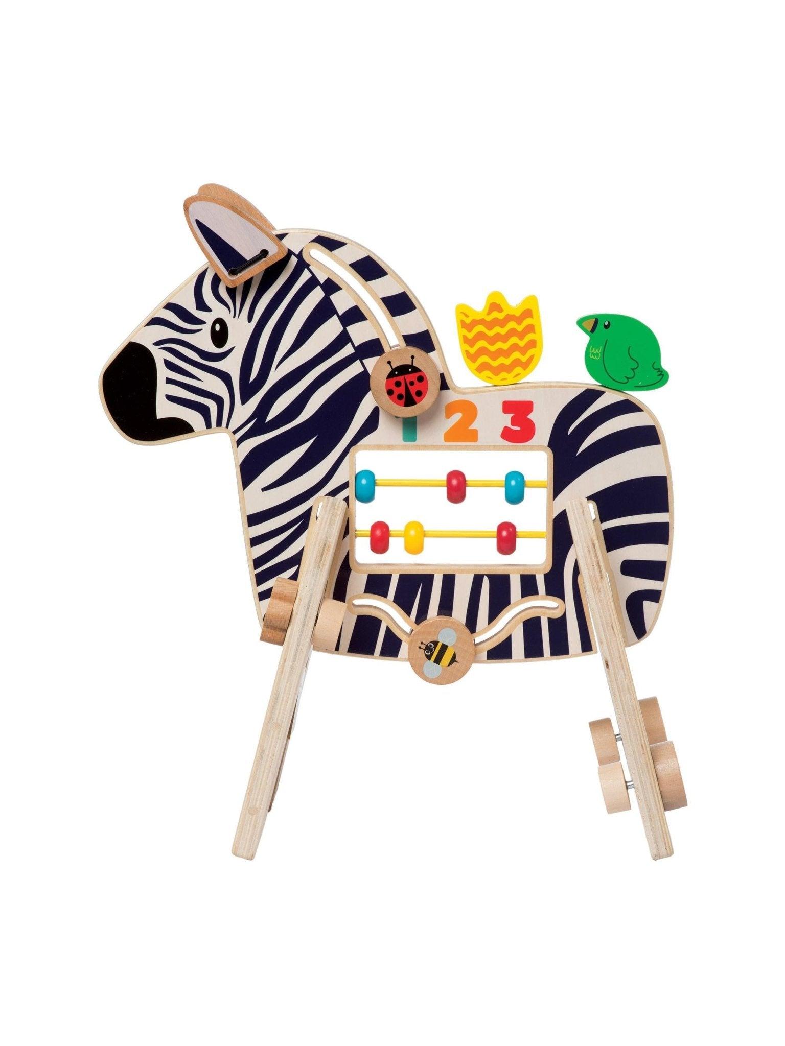 Safari Zebra aktivitetscenter i træ med kugleramme og spinners til baby