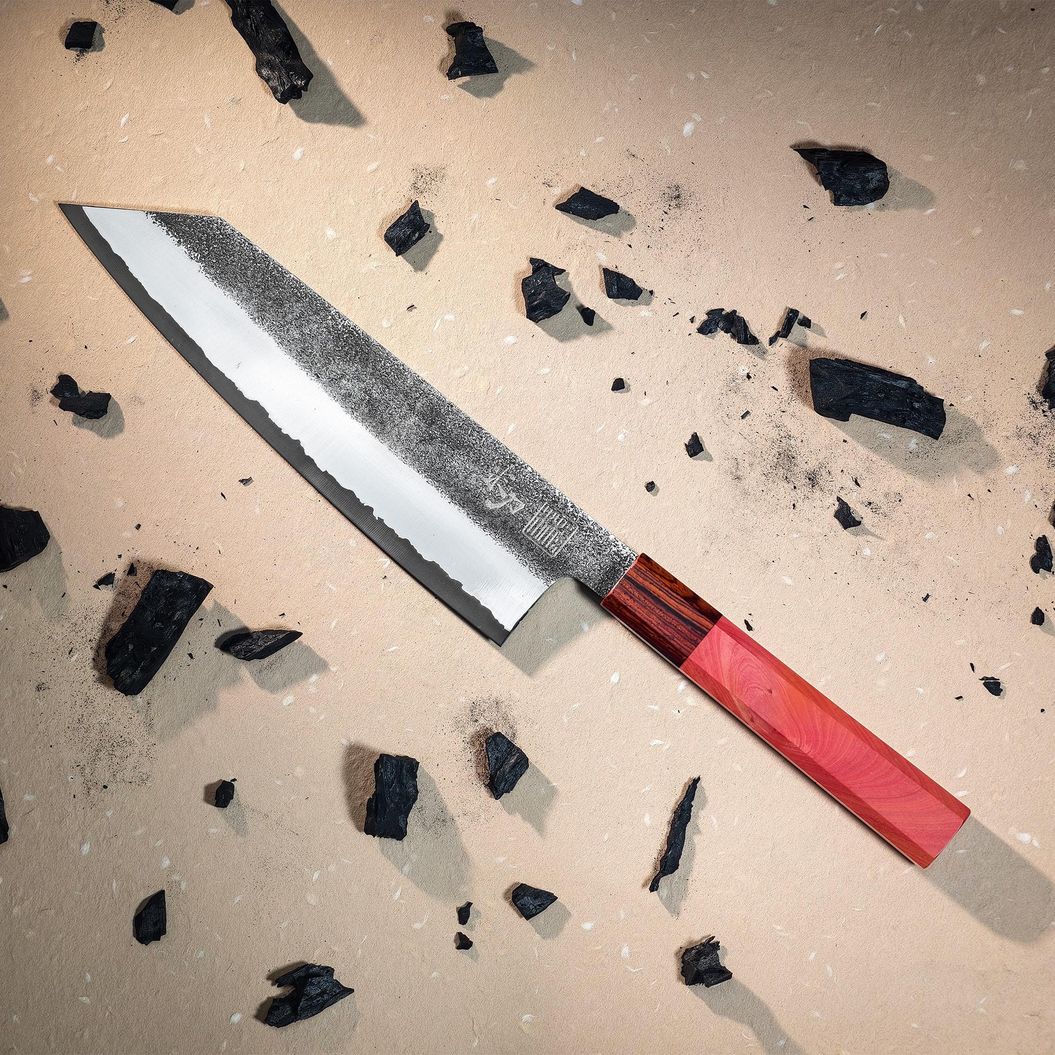 Aogami Blue 2 FORGE Ash and Chrome håndsmedet damaskus kokkekniv fra RiceKnife