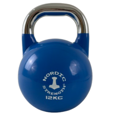 Blå competition-kettlebell på 12 kg i lakeret stål med ensartet diameter og standardiseret greb