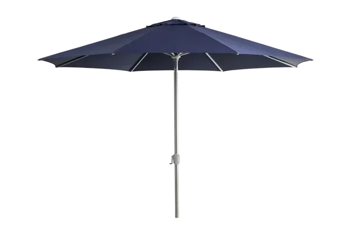 Mørkeblå Abriola parasol Ø330 cm med sølvfarvet aluminiumstang og tilt-funktion