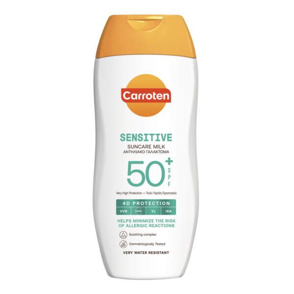 Carroten Sensitive Milk SPF 50 plus solcreme til sensitiv hud, 200 ml hvid flaske