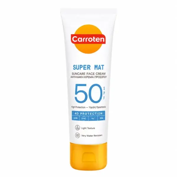 Carroten Super Mat Face Cream SPF 50 ansigtssolcreme i hvid tube, 50 ml