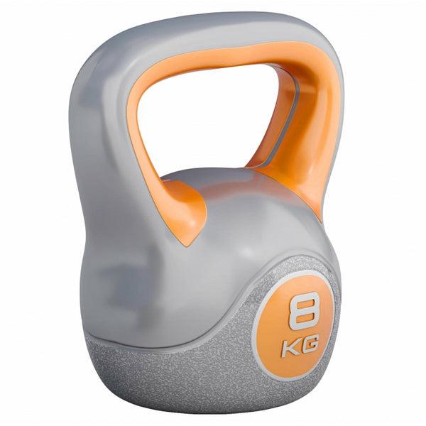 Farverig design-kettlebell på 8 kg med vinylbelægning og afrundet greb til hjemmetræning