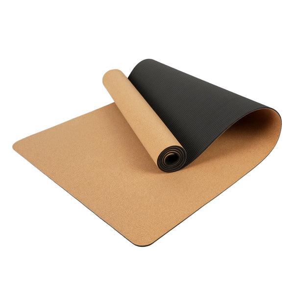 Yogamåtte med naturlig korkoverflade i 4 mm rullet ud, set ovenfra