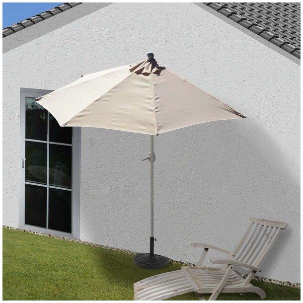 Creme halvrund parasol 270x135 cm med pulverlakeret aluminiumstok og parasolfod, balkonparasol