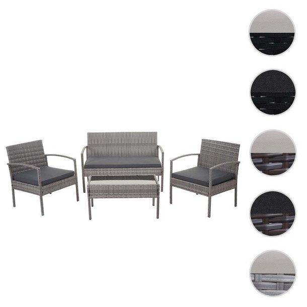 Grå polyrattan loungesæt 4 dele med mørkegrå hynder, 2 stole, 1 sofa og glasbord