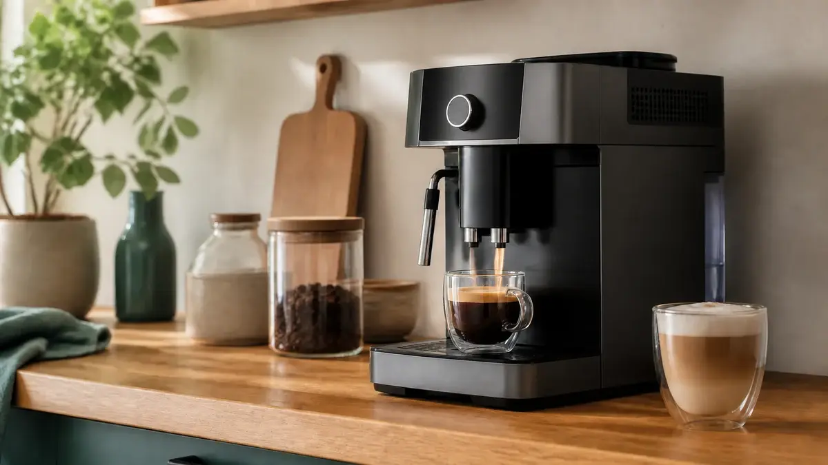 Illustration af kaffemaskine og friskbrygget kaffe