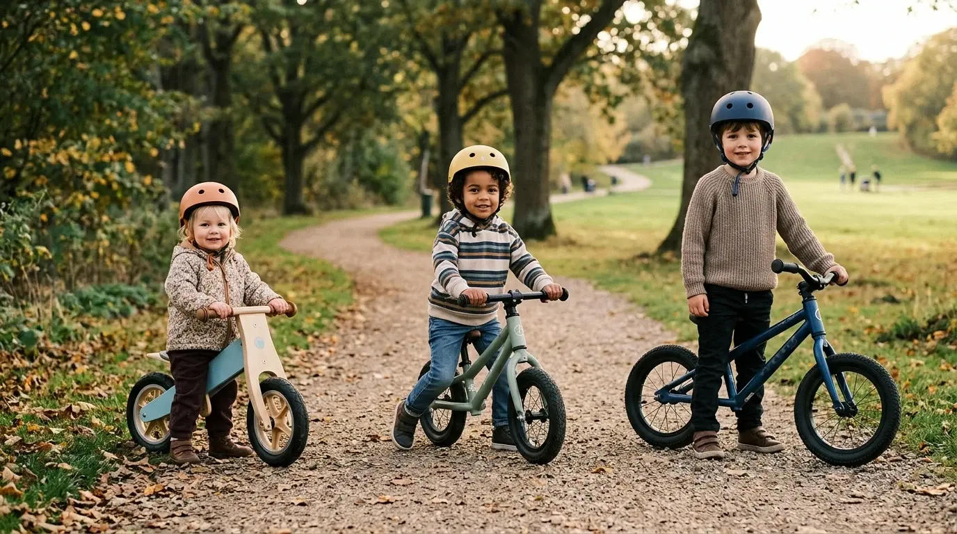 Tre børn i forskellige aldre på løbecykler med cykelhjelm på en grussti i en park